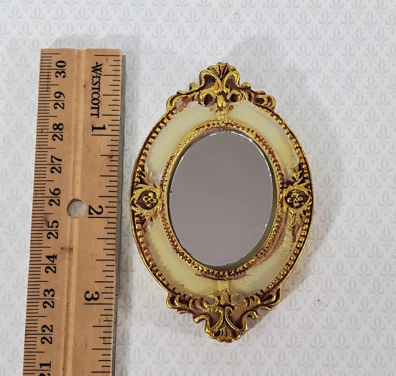 Dollhouse Large Mirror Oval Ornate Gold Cream Miniature Decor 3 5/16" x 2 1/8" image 3