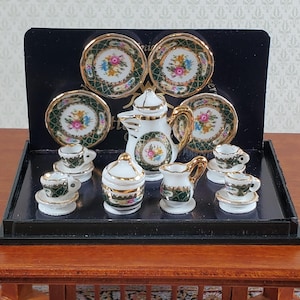 Dollhouse Coffee Set "Irish Gold" Reutter Porcelain 1:12 Scale Miniature Cups Plates ++