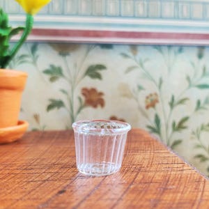 May include: A miniature clear glass cup with vertical ribbed detailing along the sides. The small vessel has a wide, open top and a flat base, designed with a transparent finish that catches the light, showcasing a simple and functional form.