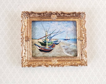 Dollhouse Miniature Vincent Van Gogh Fishing Boats Framed Print 1:12 Scale Gold Frame