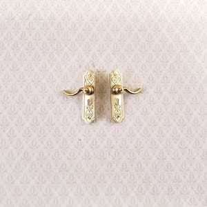 Dollhouse Door Handles with Fancy Plate x2 French Lever Style Gold 1:12 Scale