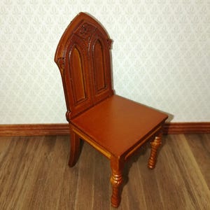 Dollhouse Chair Gothic Tudor Revival Style Walnut Finish 1:12 Scale Miniature Furniture