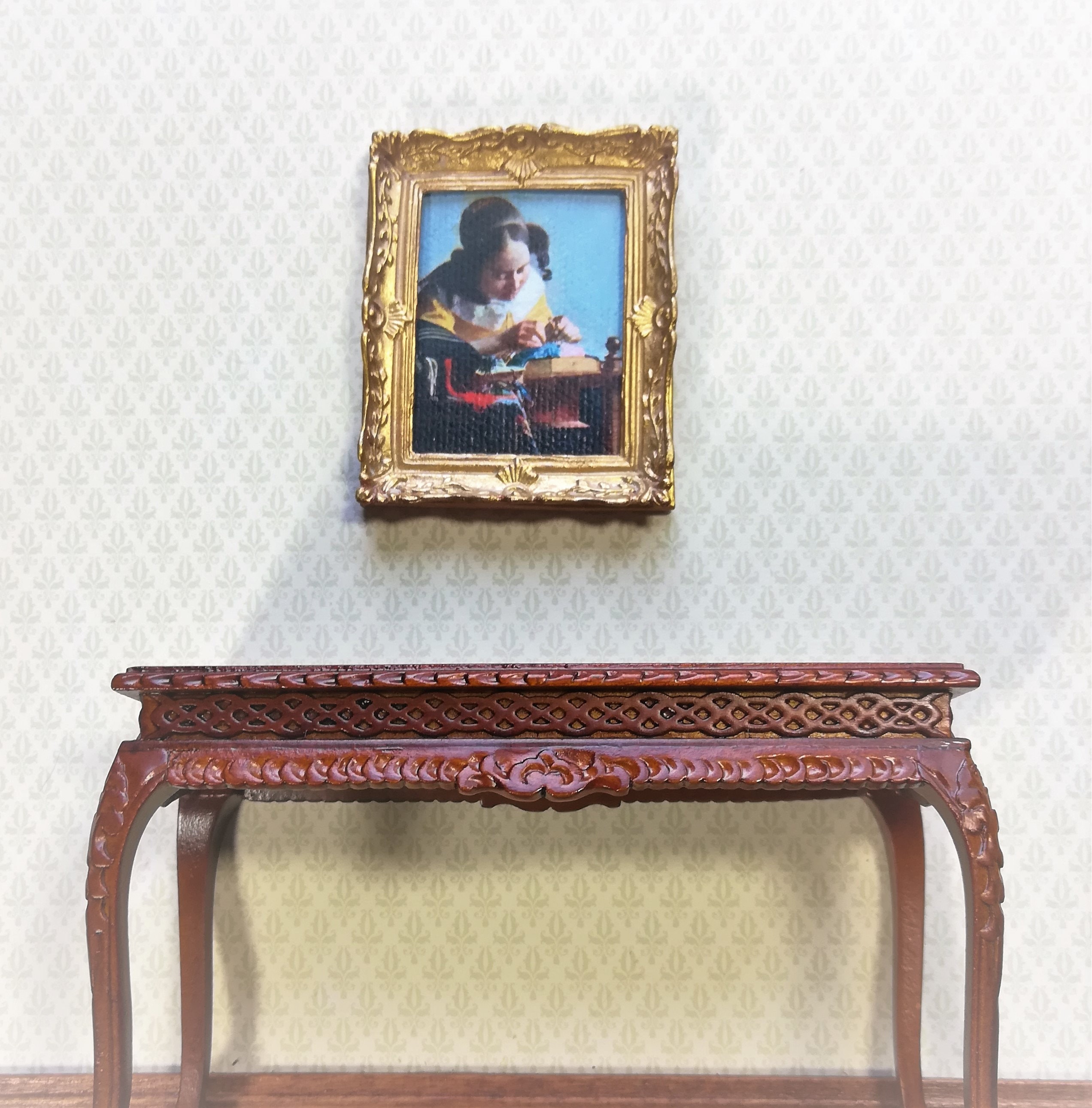 Dollhouse Miniature Painting Vermeer The Lace Maker 1:12 Scale Gold Frame