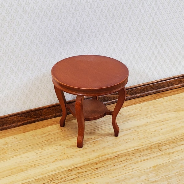 Dollhouse End Table Small Round Walnut Finish Lower Shelf 1:12 Scale Miniature Furniture