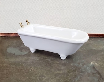 Dollhouse Bathtub Gold Fixtures White Ceramic 1:12 Scale Miniature Bathroom Tub