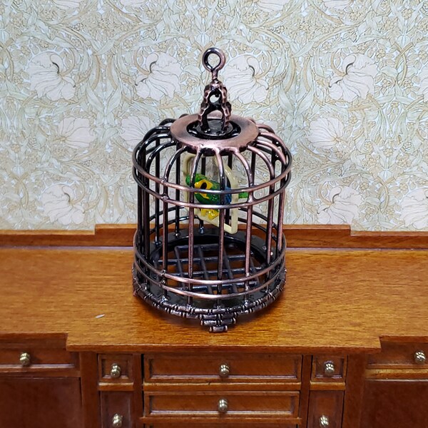 Dollhouse Birdcage with Parrot or Parakeet Bird Bronze Metal Cage Miniature