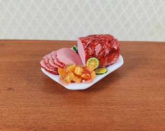 Dollhouse Sliced Ham with Sweet Potatoes on Ceramic Platter 1:12 Scale Miniature