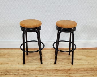 Dollhouse Bar Stools x2 Metal and Wood Black Finish 1:12 Scale Miniature Modern Furniture