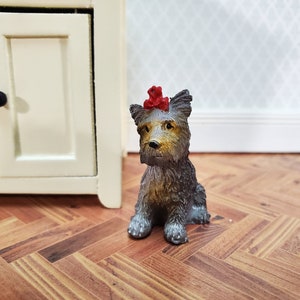Dollhouse Puppy Dog Terrier with Red Bow Miniature Pet Cast Resin
