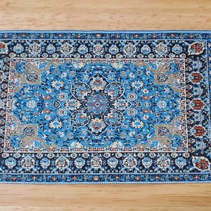 Dollhouse Rug with Fringe Blue White Gold 5.25&quot; x 3&quot; Woven Fabric 1:12 Scale Miniature