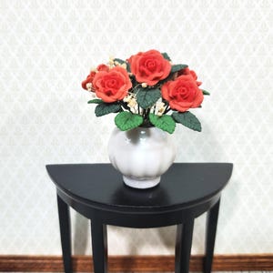 Dollhouse Roses Half Dozen in Ceramic White Vase 1:12 Scale Miniature Flowers