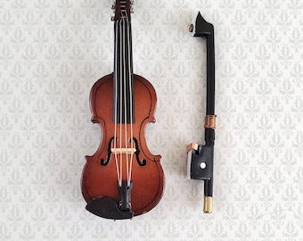 Miniature Violin and Bow Wood 2 7/8" Dollhouse Tiny Instrument Music Room