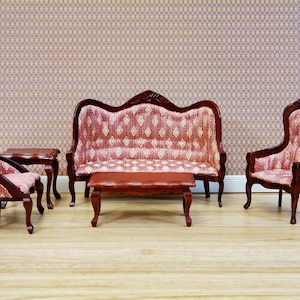 Dollhouse Victorian Living Room Set Sofa Chairs Tables 1:12 Scale Furniture Dark Pink