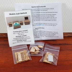 Dollhouse Quarter Scale Furniture KIT DIY Modern Style Bedroom Bed Dressers 1:48
