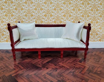 Dollhouse Sofa Couch Louis XVI Style Cream Silky Fabric 1:12 Scale Miniature Mahogany Finish