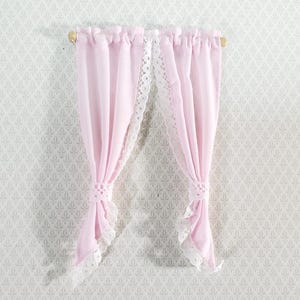 Dollhouse Curtains Light Pink with Lace & Curtain Rod 1:12 Scale Miniature Handmade
