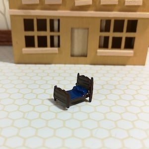 Dollhouse Miniature 1:144 Scale Bed with Blue Sheets Micro Minis Furniture Metal