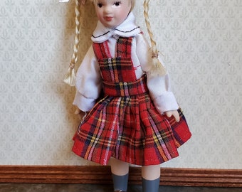Dollhouse Miniature Girl Doll Braids Porcelain Poseable 1:12 Scale Braids Red Plaid Dress