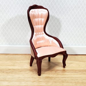 Dollhouse Ladies Chair Victorian Pink & Mahogany Finish 1:12 Scale Miniature Furniture