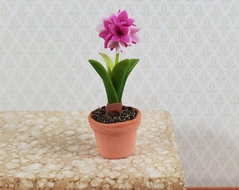 Dollhouse Pink White Flowering Bulb in Terra Cotta Planter 1:12 Scale Miniature