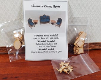 Dollhouse Quarter Scale Furniture KIT DIY Victorian Living Room Sofa Chairs 1:48