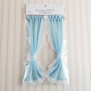 Dollhouse Miniature Curtains Light Blue with Lace & Curtain Rod 1:12 Scale Handmade