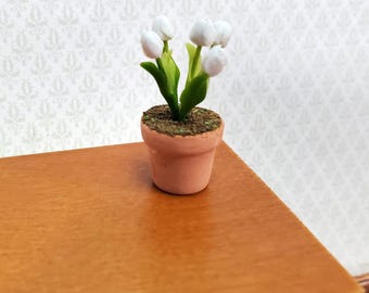 Dollhouse White Tulips in a Terra Cotta Planter Pot 1:12 Scale Miniature Plant