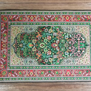 Dollhouse Miniature Rug Large Green Red Gold 9&quot; x 6&quot; with Fringe 1:12 Scale