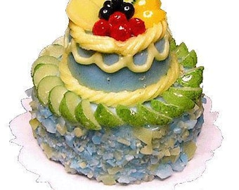 Dollhouse 2 Tier Fruit Topped Cake Blue 1:12 Scale Miniature Dessert Food
