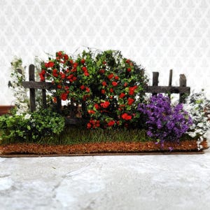 Dollhouse Flowers with Fence HALF SCALE Red White Purple Miniature 2 Sided 1:24
