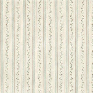 May include: A cream-colored fabric featuring a repeating vertical pattern of thin light blue stripes, delicate intertwining green vines with small pink flower buds, and narrow red lines arranged in a consistent, symmetrical layout.