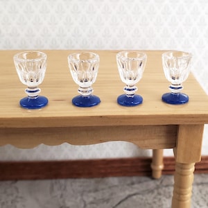 Dollhouse Miniature Glasses Clear (plastic) with Blue Base x4 1:12 Scale Stemware Wine Glasses