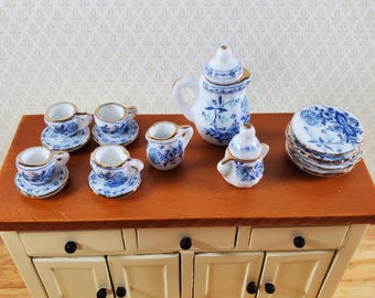 Dollhouse Coffee Set with Plates Blue White Floral Ceramic 1:12 Scale Miniature