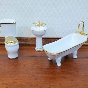 Dollhouse HALF SCALE Bathroom Set Reutter Porcelain Tub Toilet Sink 1:24 Miniatures 24k Gold Accents