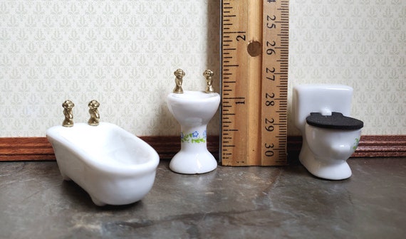 Dollhouse Miniature Half Scale Bathroom Set Tub Toilet Sink White