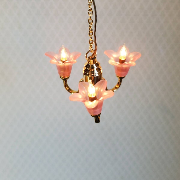 Dollhouse Miniature Chandelier Pink Flowers Light Hanging 3 Arm Electric 1:12 Scale 12 Volt