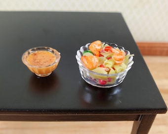 Miniature Shrimp Salad Bowl with Side of Dressing 1:12 Scale Dollhouse Food