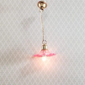 Dollhouse Ceiling Light Frosted Flower Shade PINK 1:12 Scale 12 Volt with Plug