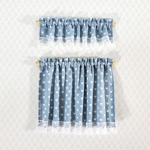 Dollhouse Curtains Nursery or Kitchen Blue with White Hearts 1:12 Scale Miniature