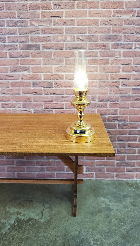 Dollhouse Miniature LED Battery Light Hurricane Table Lamp Gold 1:12 Scale 