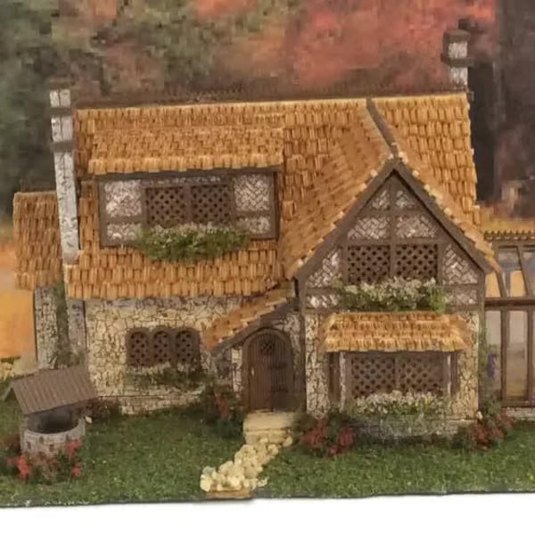 1:144 Scale Dollhouse KIT Tiny German Tudor w/ Greenhouse and Grass 5 Room Home