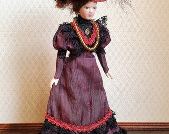 Dollhouse Miniature Victorian Doll Porcelain Fancy Maroon Dress and Hat 1:12 Scale