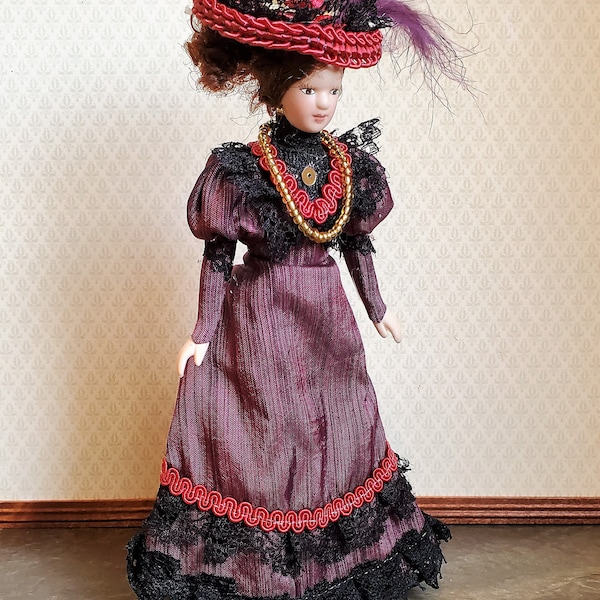 Dollhouse Miniature Victorian Doll Porcelain Fancy Maroon Dress and Hat 1:12 Scale