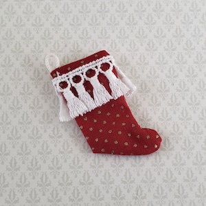 Dollhouse Miniature Christmas Stocking Red with White Tassels Handmade 1:12 Scale
