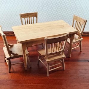 Dollhouse Kitchen Table & 4 Chairs Set Light Oak Finish 1:12 Scale Furniture