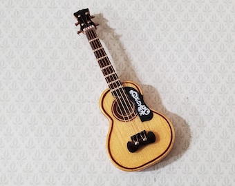 Miniature Acoustical Guitar Instrument with Case 3 1/4" 1:12 Scale Ornament Prop