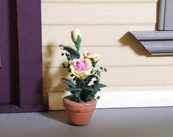 Dollhouse Pink and Yellow Roses Flowers Potted in Terra Cotta Pot 1:12 Scale