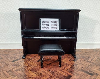 Miniature Upright Piano with Bench Seat Wood Instrument 1:12 Scale Dollhouse Black Finish