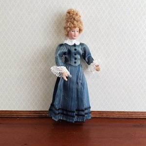 Dollhouse Miniature Victorian Doll Porcelain Poseable Blue Green Dress Lace 1:12 Scale