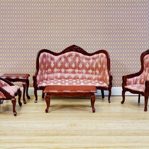 Dollhouse Victorian Living Room Set Sofa Chairs Tables 1:12 Scale Furniture Dark Pink
